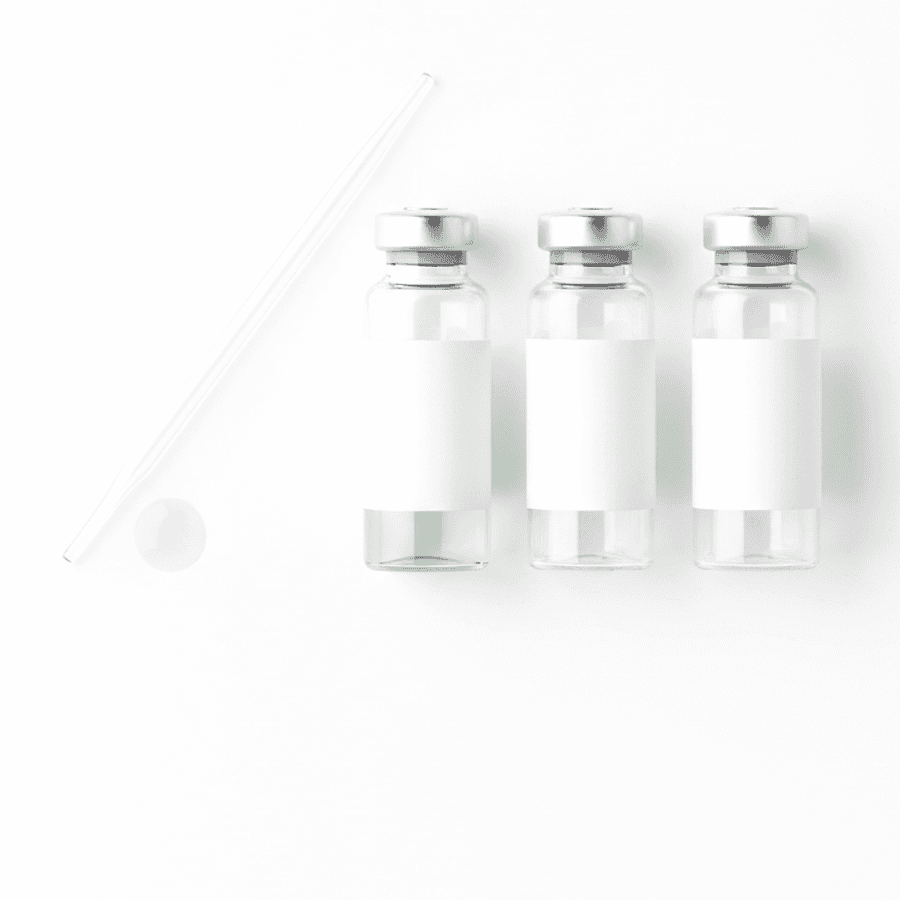 A glass pipette and three small glass vials with blank white labels on a white surface; one vial holds a small amount of pale green liquid.